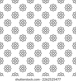 Pequeñas flores de píxeles lineales de contorno negro aisladas en fondo blanco. Patrón monocromo sin soldadura floral. Ilustración gráfica plana vectorial simple. Textura.