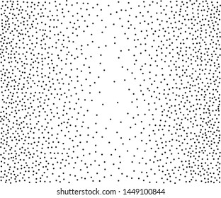 Small black dots, circles, stipples on white background. Pattern to create textured surfaces. Vector illustration. Random halftone