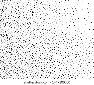 Small black dots, circles, stipples on white background. Pattern to create textured surfaces. Vector illustration. Random halftone
