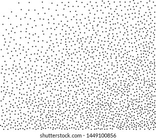 Small black dots, circles, stipples on white background. Pattern to create textured surfaces. Vector illustration. Random halftone
