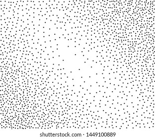 Small black dots, circles, stipples on white background. Pattern to create textured surfaces. Vector illustration. Random halftone