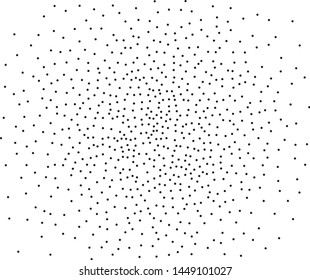 Small black dots, circles, stipples on white background. Pattern to create textured surfaces. Vector illustration. Random halftone