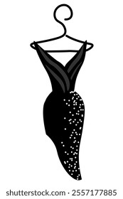 A small black evening dress is hanging on a hanger