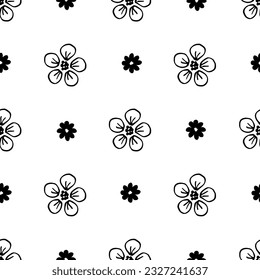 Small black flowers on a white background. Simple floral geometric vector seamless pattern. For fabric prints, textile products, packaging, stationery.