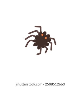 A small black fluffy spider with red eyes and eight legs. Cute Halloween character. Poisonous tarantula. Trick or treat. Cartoon style. Vector illustration isolated on white background.