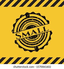 Small black grunge emblem, yellow warning sign. Vector Illustration. Detailed.