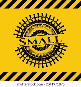 Small black grunge emblem, yellow warning sign. Vector Illustration. Detailed. 