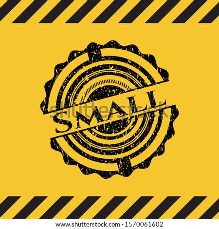 Small black grunge emblem, yellow warning sign. Vector Illustration. Detailed.