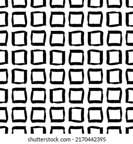 Small black ink contour linear squares isolated on white background. Monochrome geometric seamless pattern. Vector simple flat graphic hand drawn illustration. Texture.