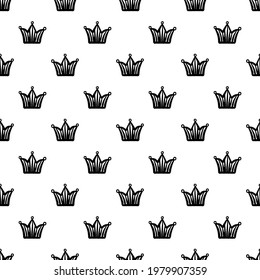Small black ink crowns isolated on white background. Cute monochrome seamless pattern. Vector simple flat graphic hand drawn illustration. Texture.