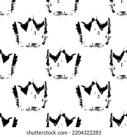 Small black ink crowns isolated on white background. Monochrome royal seamless pattern. Vector simple flat graphic hand drawn illustration. Texture.
