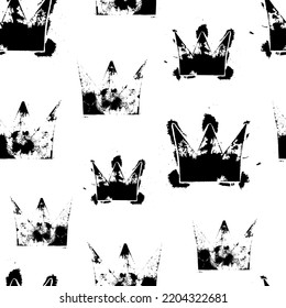 Small black ink crowns isolated on white background. Monochrome royal seamless pattern. Vector simple flat graphic hand drawn illustration. Texture.