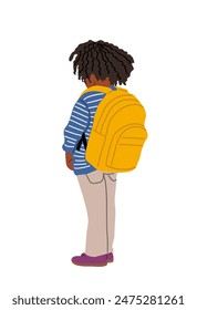 Pequeña niña negra caminando a la escuela con la vista trasera de la mochila. Ilustración vectorial de vista trasera de niño afroamericano aislado sobre fondo blanco.