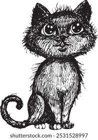 Small black kitten with big eyes. Hand drawn illustration.