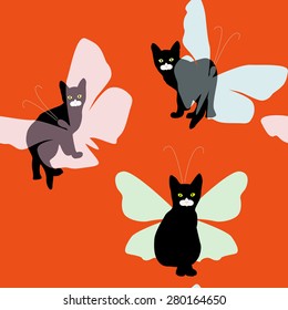 Small black kitten and butterfly,, seamless wallpaper
