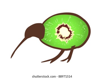Small black kiwi bird wit body formed by kiwi fruit, flightless bird, symbol of New Zealand