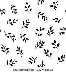 Small black leaves on a white background, tiny leaves seamless pattern vector illustration, doodle summer, kids and baby designs for print fabric.