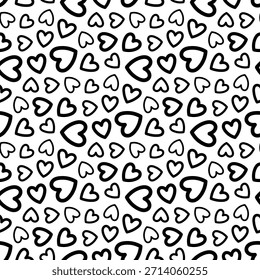 Small black outline linear hearts isolated on a white background. Monochrome seamless pattern. Simple flat vector graphic illustration. Texture.