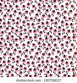 Small black and pink flowers vector seamless pattern.
