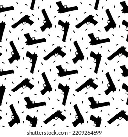 Small black pistols and bullets isolated on white background. Monochrome weapon seamless pattern. Vector simple flat graphic illustration. Texture.