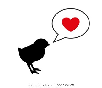  Small Black Silhouette Chick Calling Mom. Dialogue Bubble And Heart