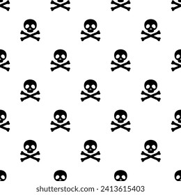 Small black skulls and crossbones isolated on a white background. Monochrome seamless pattern. Vector simple flat graphic illustration. Texture.