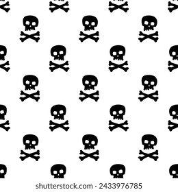 Kleine schwarze Totenköpfe und gekreuzte Knochen isoliert auf weißem Hintergrund. Nahtloses Schwarzweißmuster. Vektor einfache flache grafische handgezeichnete Illustration. Textur.