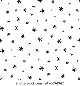 Small black snowflakes isolated on a white background. Monochrome seamless pattern. Vector simple flat graphic hand drawn illustration. Texture.