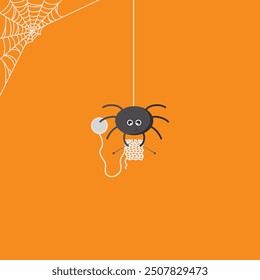 A Small Black Spider Hangs on its Web and Knits. Cartoon Cute and Funny Spider with Web in Corner on an Orange Background for Halloween Holiday, Vector Illustration.