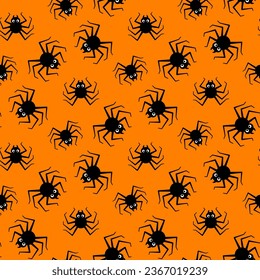 Small black spiders isolated on an orange background. Cute seamless pattern. Vector simple flat graphic illustration. Texture.