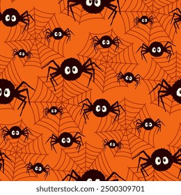 Small black spiders and webs isolated on orange background. Cute seamless pattern. Vector simple flat graphic hand drawn illustration. Texture.