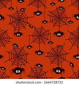 Small black spiders and webs isolated on dark orange background. Cute seamless pattern. Vector simple flat graphic hand drawn illustration. Texture.