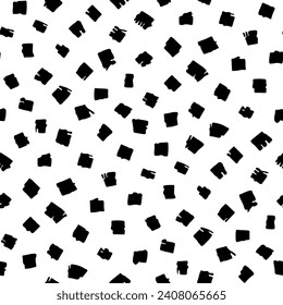 Small black square strokes isolated on a white background. Geometric monochrome seamless pattern. Vector simple flat graphic hand drawn illustration. Texture.