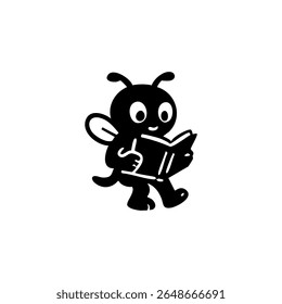 A small, black, stylized bee-like creature is depicted holding an open book.