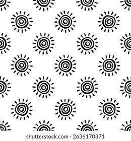 Small black suns isolated on white background. Monochrome seamless pattern. Vector simple flat graphic hand drawn illustration. Texture.