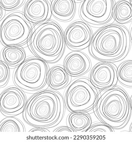 Pequeños círculos espirales finos y negros aislados sobre fondo blanco. Patrón geométrico monocromo sin soldadura. Dibujo gráfico plano vectorial simple a mano. Textura.