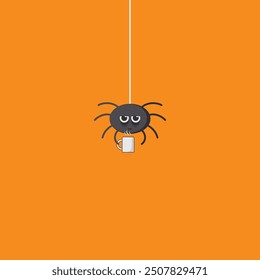 A Small Black and Tired Spider Hangs on its Web and Drinks Coffee. Cartoon Cute and Funny Spider with a Cup of Coffee on an Orange Background for Halloween Holiday, Vector Illustration.