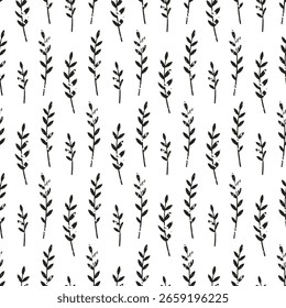 Small black vertical branches with leaves isolated on white background. Monochrome seamless pattern. Vector simple flat graphic illustration. Texture.