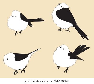 Small black and white birds, inspired by Japanese long-tailed tit, set of 4