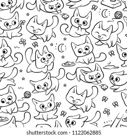 Small black white cats seamless pattern different emotions. Kitty play with ball walking in nature hunting for mouse and run away from broom. Vector humor background embossed cartoon illustrations