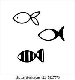 Small black and white fish hand drawn in doodle style. Vector illustration