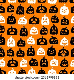 Small black and white Halloween pumpkins isolated on an orange background. Seamless pattern. Vector simple flat graphic illustration. Texture.