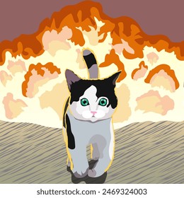 A small black-and-white cat walking forward against the backdrop of an epic explosion. The illustration is made mainly in warm colors. The picture conveys epicness, coolness, charisma, and sweetness.