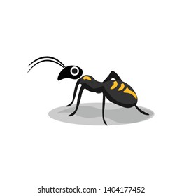A small, black-gray ant with wide eye, with yellow spots, with antenna, vector, color drawing or illustration. 
