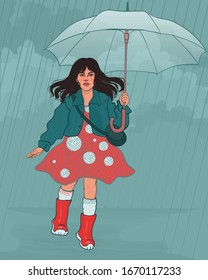 small black-haired girl, a child with a large transparent umbrella, walks through puddles in the rain. She is wearing a red dress and boots 