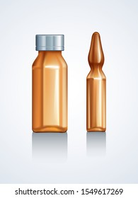 Small blank lid sealed orange aid remedy flacon. Surgical drugstore healthcare embty virus inocule lab object logo draw concept. Closeup clean sterile hypoderme yellow serum fluid product container