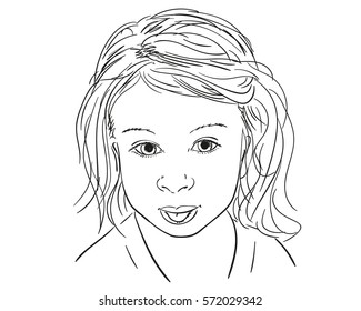 Small blonde girl shows tongue, Vector sketch, Hand drawn illustration isolated on white