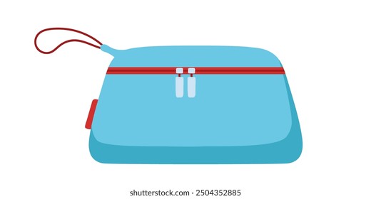 Small blue bag with strap. Equipment case isolated on white background. Office work or education tools, creativity equipment, makeup bag. Children stationery for writing and drawing