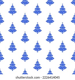 Small blue beautiful elegant Christmas trees isolated on a white background. Cute monochrome festive seamless pattern. Vector simple flat graphic illustration. Texture.