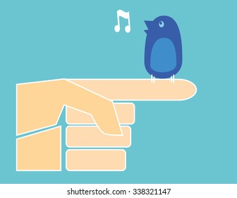 A small blue bird perched on the index finger of a stylized human hand tweets a musical note